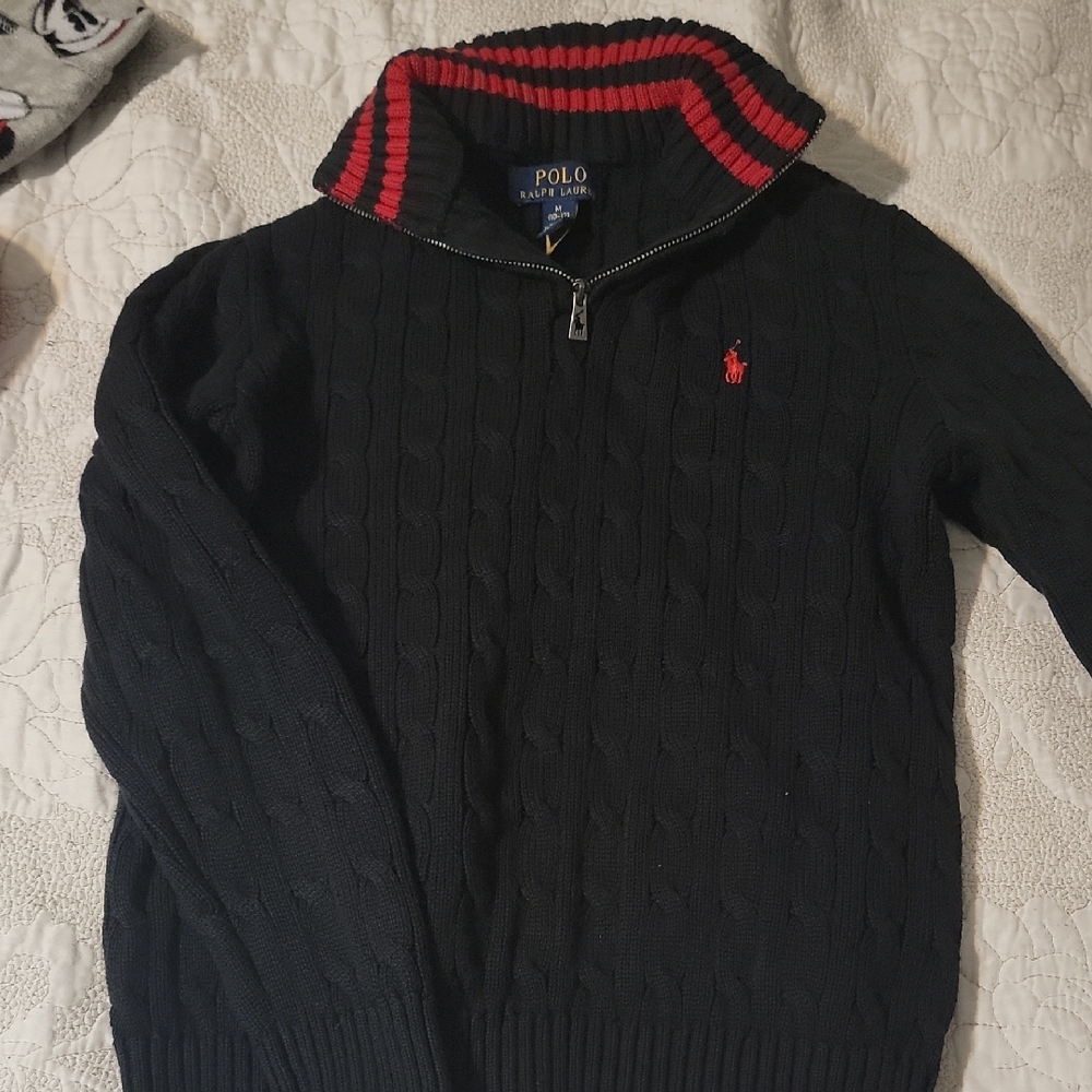 Polo by Ralph Lauren Black Zip-Up Sweater with Red Trim